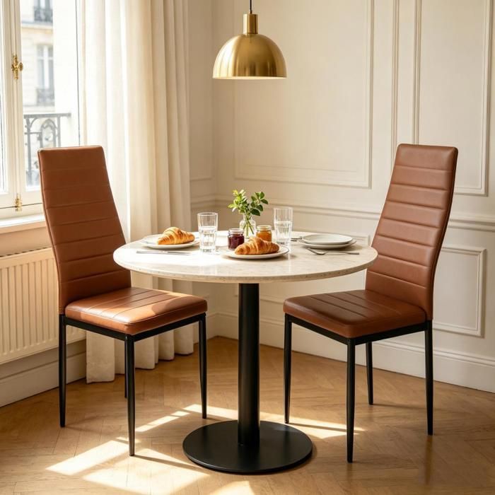 PIPIPOXER Lot de 2 Chaises Salle à Manger Cuir PU Marron Dossier Haut Imperméable Pieds Métal Noir Meubles rétro pour Cuisine