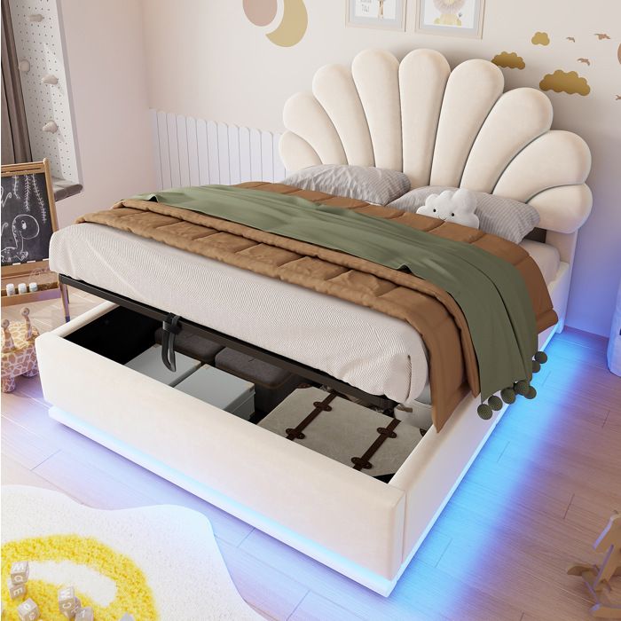 COVREO Lit coffre 140 x 200 cm tête de lit fleur velours beige LED et rangement hydraulique
