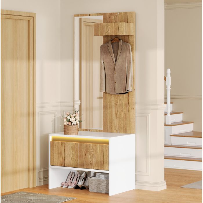 WOVREO Meuble dentrée avec miroir porte-manteau banc à chaussures 2 tiroirs blanc et naturel 60 x 38 x 145 cm