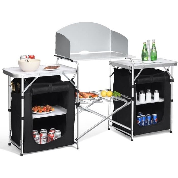 COSTWAY Cuisine Camping Meuble de Rangement Camping en Aluminium avec 3  Surfaces de Travail pour Extérieur/Pique-nique 172x48x110CM - Cdiscount  Sport