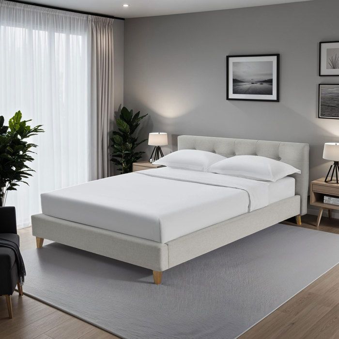 Lit 140x190 cm avec tête de lit en tissu chiné beige et pieds bois