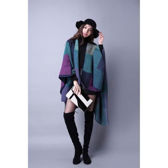 130*155cm grand tartan echarpe chale foulard mode carreaux poncho tricot stole plaid cape femme automne hiver  - vert