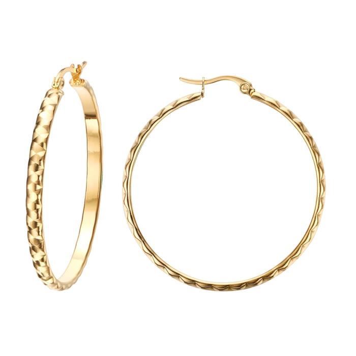 Boucles D'oreilles Créoles Larges Budget Beauté, Acier Inoxydable Plaqué Or, Femme, Neuves