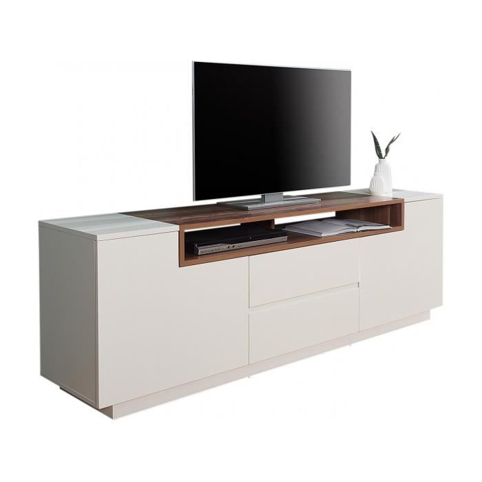 Meuble Tv 180 Cm En Bois De Noyer Massif Et Mdf Coloris Blanc Et Naturel Cdiscount Maison