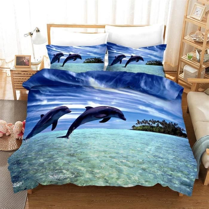 Housse De Couette 3 Pièces 220x240 Cm - Imprimé Dauphins Et Clair De Lune - Microfibre Brossée Violette - Taies 65x65 Cm Incluses - 3