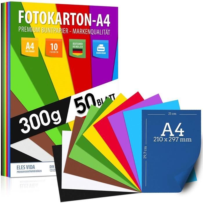 Carton A4 50 Feuilles 220g/m² - 10 Couleurs Vives - Papier Créatif Pour Bricolage, Scrapbooking Et Loisirs