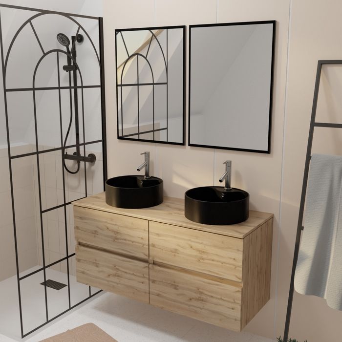 Meuble Salle de Bains 120cm 4 Tiroirs Chêne Naturel 2 Vasques Noires Ø41cm et 2 Miroirs 55x75 cm