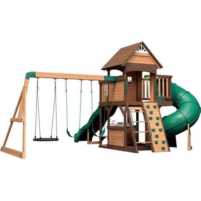 Backyard Discovery - Cedar - Maisonnette en bois avec Balancoires Toboggan Double Mur dEscalade et Banc