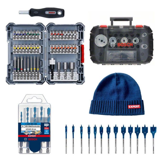 Kit BOSCH 5 forets expert + Assortiment d'embouts de vissage + Coffret de scie trépan + Trousse mèches plates + Bonnet - vue 2