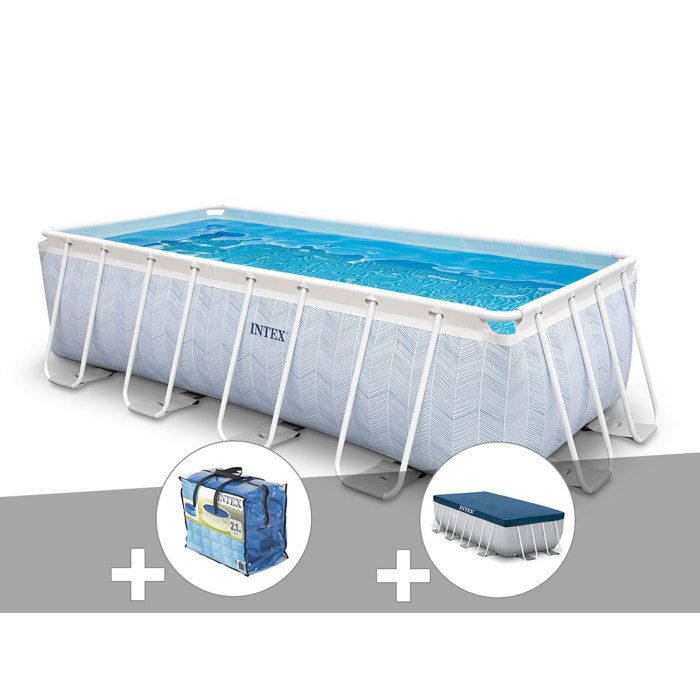 Kit piscine tubulaire Intex Chevron rectangulaire 400 x 200 x 100 + Bâche à bulles + Bâche de protection 4m x 2m x 1m - vue 1