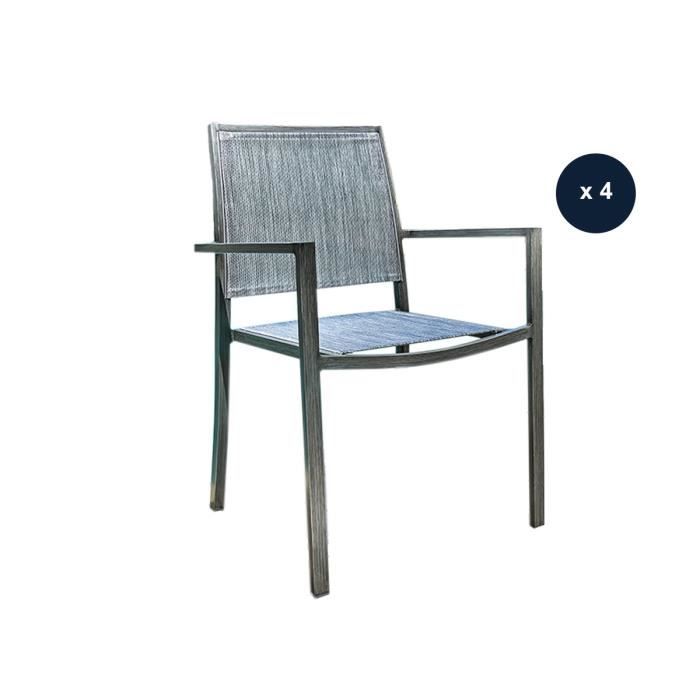 lot de 4 fauteuils de jardin en aluminium et textilène empilable aspect teck gris santorin - jardiline 55 x 58 x 85 cm gris