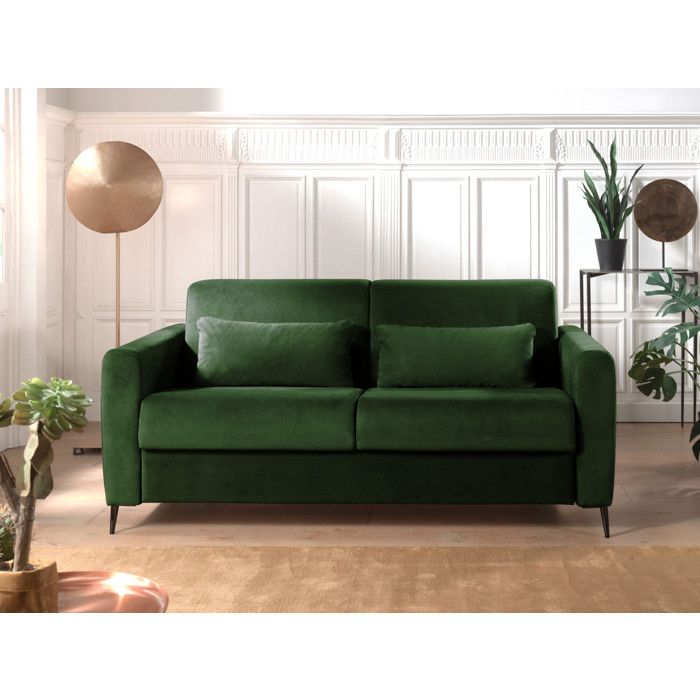 Canap&eacute; droit convertible 3 places Velours Vert