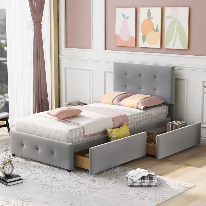 Lit enfant capitonné - MERAX - 90 x 200 cm - Tiroirs intégrés - Style scandinave - Gris