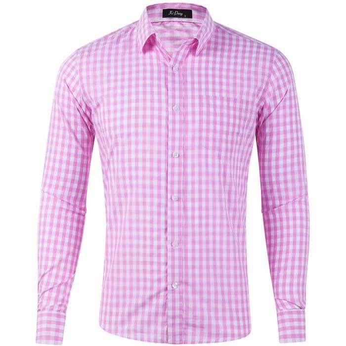 Chemise Homme Coton Manches Longues Chemisette à Carreaux Classiques Casual Shirts Business Formelle Chemises Regular Fit - Rose 1