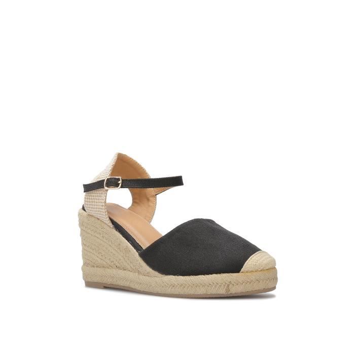 Espadrilles compensées - Femme - Noir - Bride ajustable - Talon en cordage tressé - Plateforme 2,30 cm