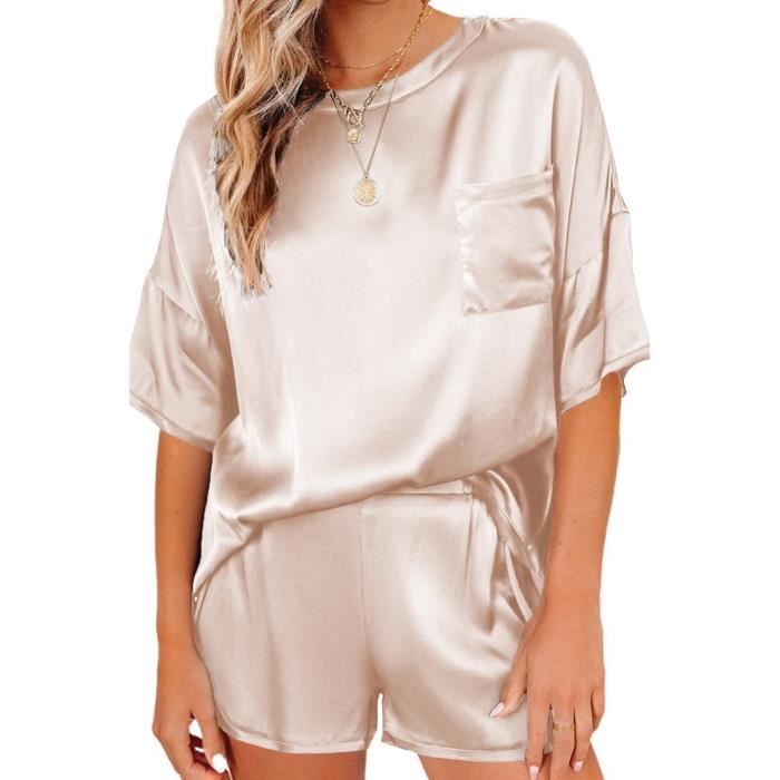 Ensemble de Pyjama Femme à Manches Courtes en Satin - Blanc - Col Rond ...