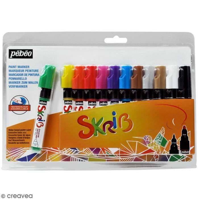 Set 12 marqueurs skrib peinture acrylique couleurs classique pébéo - La  Poste