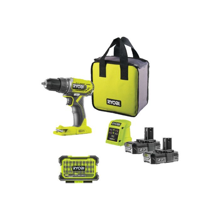 Pack RYOBI Perceuse Visseuse R18DD2 18V One Plus 2 batteries 2 0Ah 1 chargeur Coffret antichocs 31 accessoires de vissage RAK31MSD - vue 6