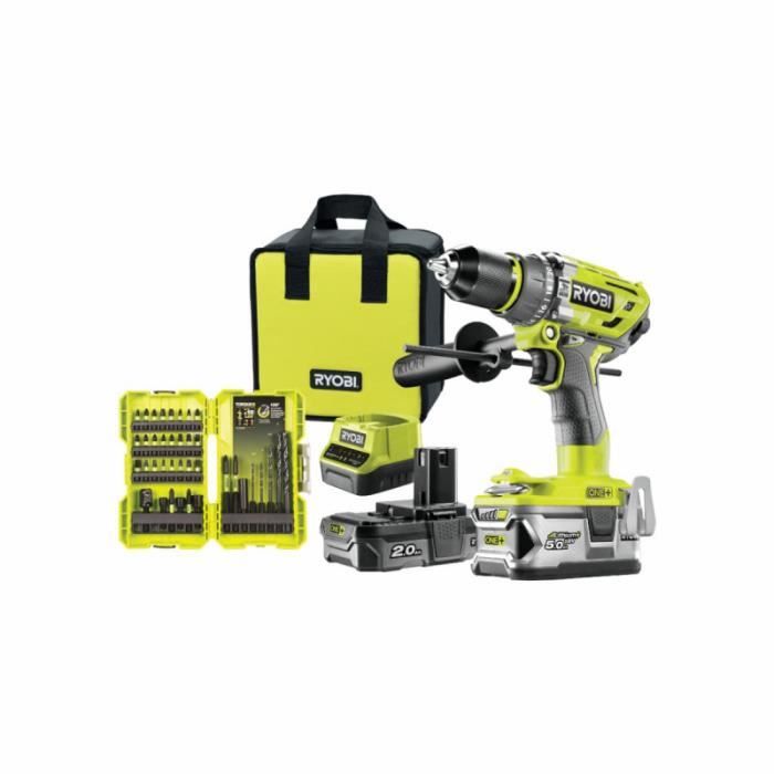 Perceuse à percussion BRUSHLESS 18V - 2 batteries 5 et 2 Ah, chargeur rapide, sac de transport + Coffret 38 accessoires perçage