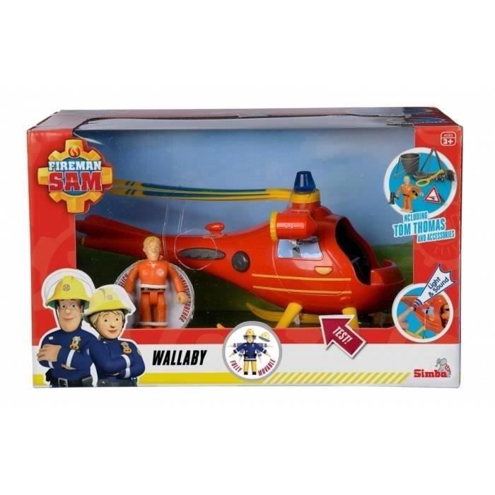 simba - sam le pompier - hélicopter wallaby - 1 figurine et 5 accessoires - fonction son et lumière