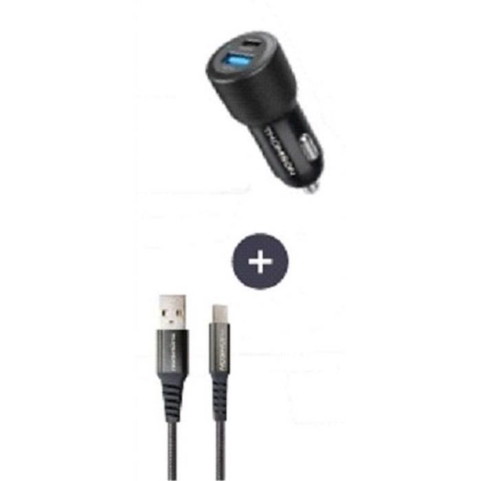 Pack THOMSON 2 en 1 avec chargeur de voiture 60 W et câble USB-A / USB-C 3A de charge et données de 150m