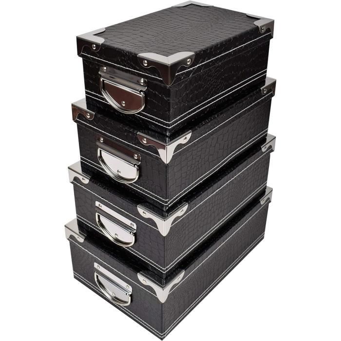 2j lot de 4 boîtes de rangement en carton noir avec couvercle noir à angles et poignées en métal. sizes: 23x15x9,25x16.5x10,2[j263]
