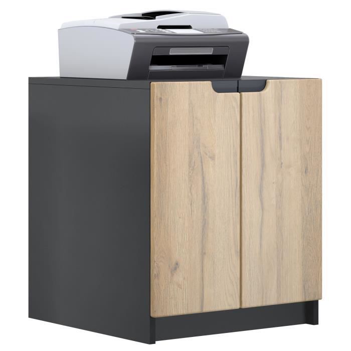commode d'imprimante logan, armoire à dossiers avec 2 compartiments et 2 portes, noir mat - chêne nature, (51 x 60,5 x 54 cm)