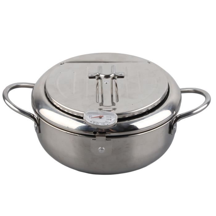 Friteuse Japonaise En Acier Inoxydable 2,2L - Avec Tamis, Thermomètre Et Couvercle - Pour Tempura, Frites, Beignets