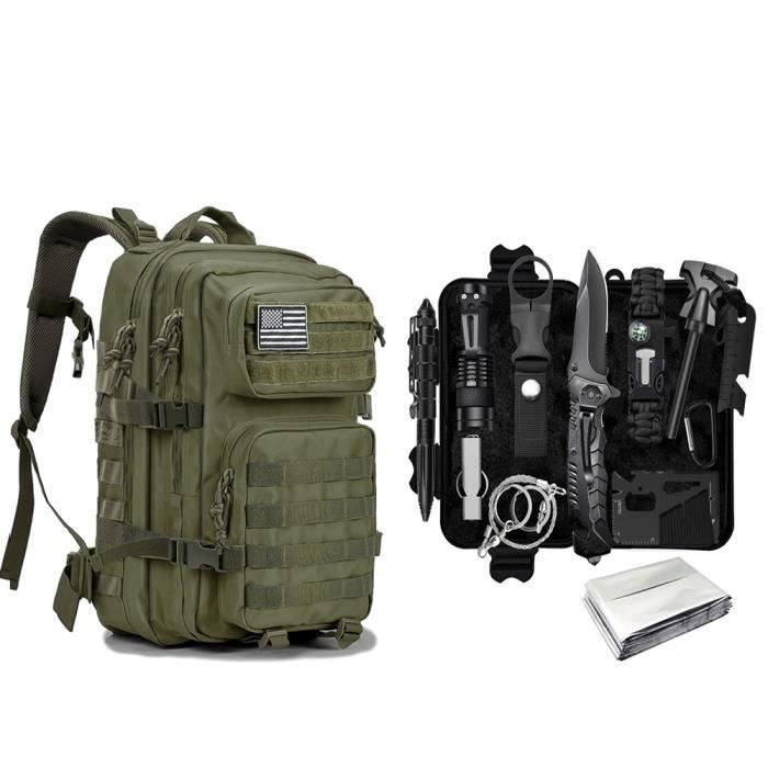 Kit de Survie d'urgence 12 en1 avec Sac à Dos Tactique Militaire 45L pour Trekking Randonnée Voyage Escalade