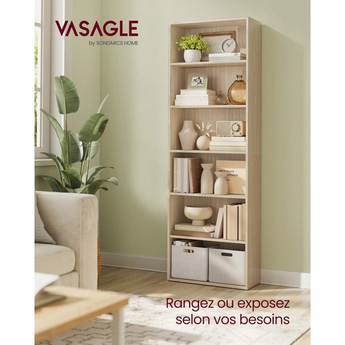 VASAGLE Bibliothèque Led à 6 Niveaux En Acier 30,3 X 40 X 178,6 Cm Noir Boisé