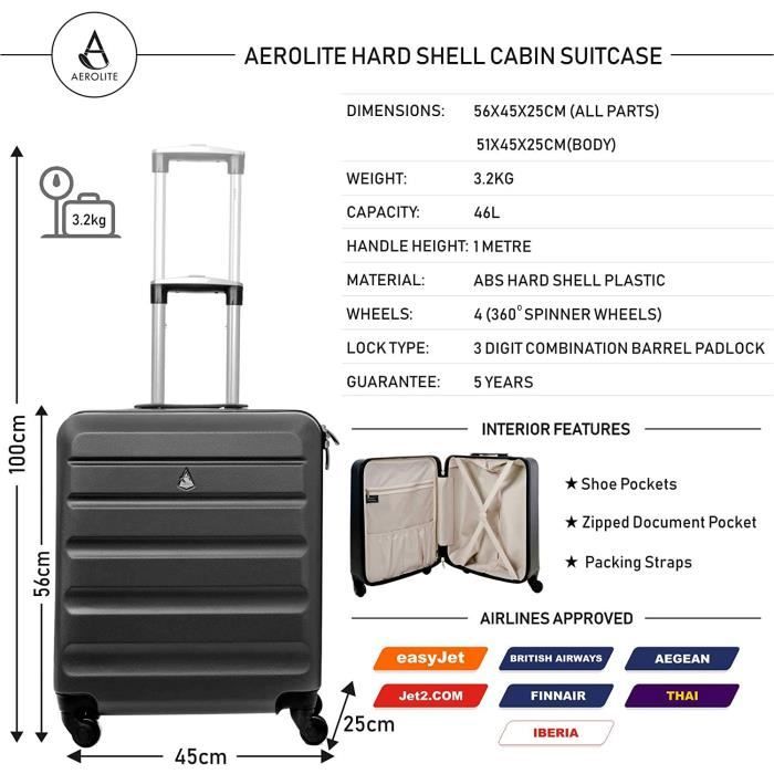 Bagage Cabine - Easyjet Taille Maximale 46L Abs À Main Valise Rigide Légere  4 Roulettes