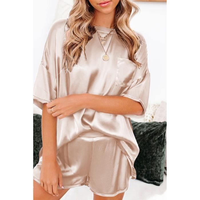 Ensemble de Pyjama Femme à Manches Courtes en Satin - Blanc - Col Rond ...