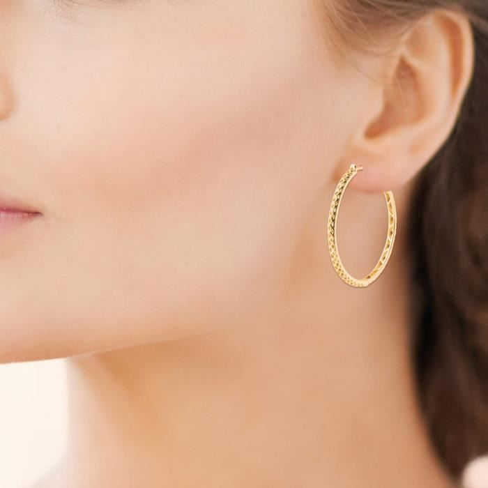 Boucles D'oreilles Créoles Striées Plaqué-or 18 Carats - 5 Cm, Neuf Avec étiquettes