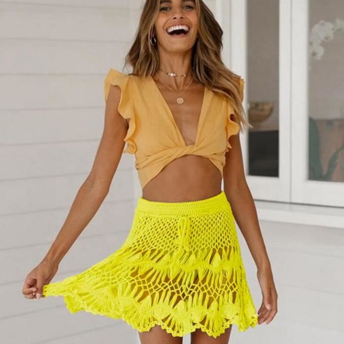 Robe Jupe en resille pour femmes Sarong de plage en Crochet Tankini Cover Up d ete Mini jupe de plage pour Bikini Type Rouge Blanc Cdiscount Pret a Porter