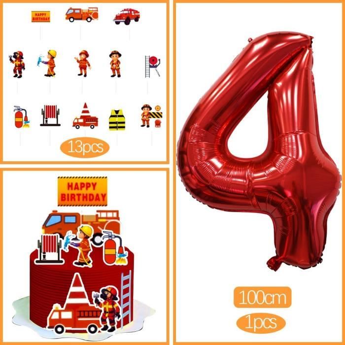 Kit Déco Anniversaire Pompier 4 Ans – Ballons Hélium, Bannière, Nappe, Toppers, Autocollants – Thème Feu Et Camion – Garçon Et Fille