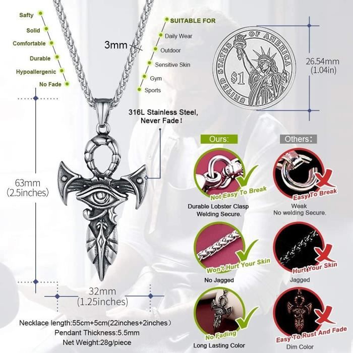 FaithHeart Collier Homme Croix Ankh Égyptienne Acier Inoxydable - Chaîne Réglable 55+5cm