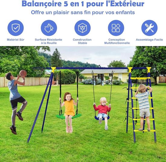 GOPLUS 4 En 1 Toboggan Interieur Exteirue Enfant Pliable, Aire De Jeux Enfants Avec Glissière, Balançoire Réglable 29/34,5/40CM, Panier Basket, Jouet Pour Garçons Filles 1,5 Ans, Charage 30KG