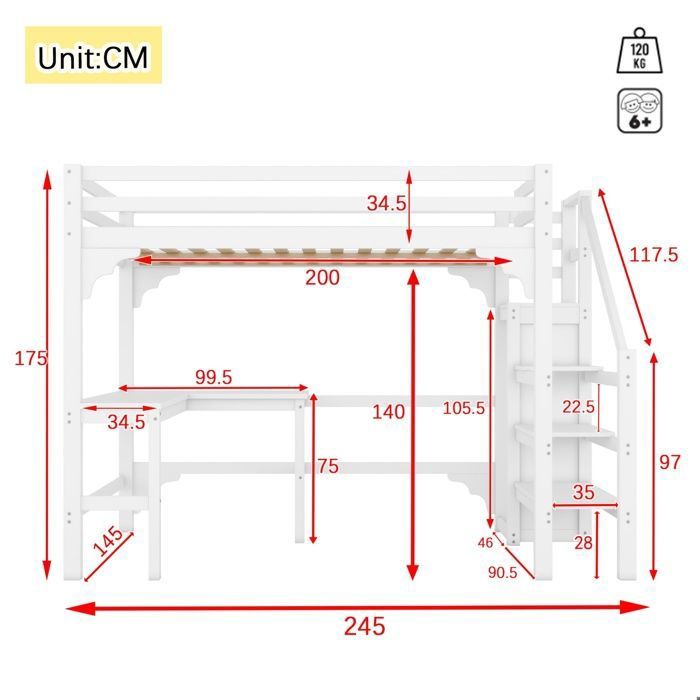 Lit mezzanine ZUBALIYA-90x200cm-Lit superposéavec cadre en fer et étagère de rangement, armoire