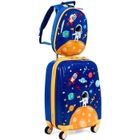 COSTWAY Valise Enfant à Roulettes 18’’ + Sac à dos 12’’ Ensemble de Bagage Bleu pour Enfant s avec Motif Cosmonaute pour Garçons