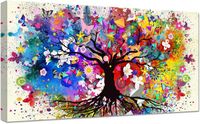 Arbre de vie coloré Cadre en bois Impression sur Toile Papillon Fleurs Oiseaux Tableau Peinture Affiche Abstrait Image 30x60cm