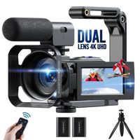 Caméscope 4K+1080P UHD Double objectif avant arrière Caméra vidéo 56MP WiFi avec microphone