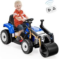 COSTWAY Voiture Électrique Enfants 12V Tracteur avec Rouleau Compresseur, Télécommande, Lumières, Klaxon, Bleu