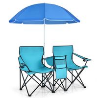 GIANTEX Chaise de Camping Pliante 2 Places avec Parasol- avec Porte-Gobelet +Poche Isotherme- Fauteuil de Jardin Portable-Vert