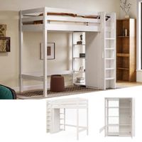 Lit mezzanine 90x200cm avec armoire, étagères, barrières anti-chutes et échelle, cadre en pin, blanc