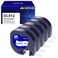 5x MOOHO Compatible Plastique Ruban 91201 Noir sur Blanc , 12mm x 4m, recharge Dymo Ruban pour Dymo LetraTag LT-100H LT-100T