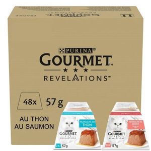 BOITES - PATÉES GOURMET REVELATIONS Mousseline au Thon et au Saumon nappée de sauce - 48 X 57g - Portions repas pour chats adultes