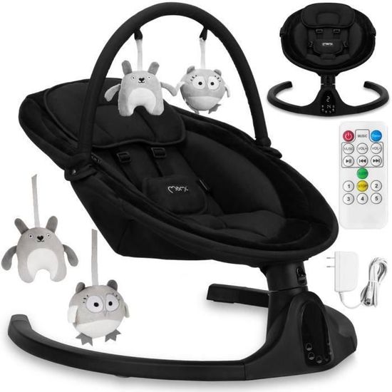 MoMi KENANI ONYX - Balancelle Bébé Électrique - 10 mélodies - 5 modes de balancement - arche à jouets - Noir