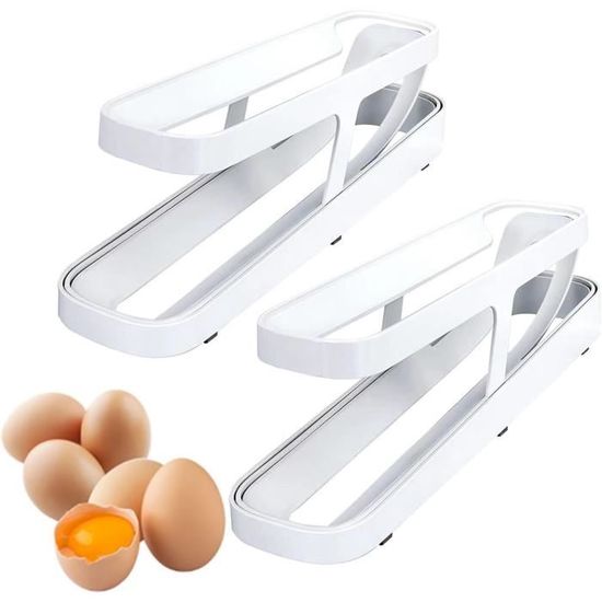 Distributeur œufs Frigo 2 étages - 14 œufs - Roulement Automatique - Plastique Alimentaire - Couvercle & Poignée - Crème - 3