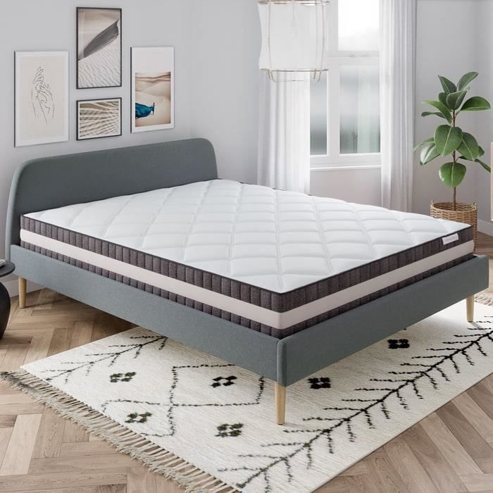 Ensemble matelas ressorts 140X190 Spring Luxe + Lit gris foncé + sommier à lattes - Mousse HD + Ressorts ensachés - Hbedding