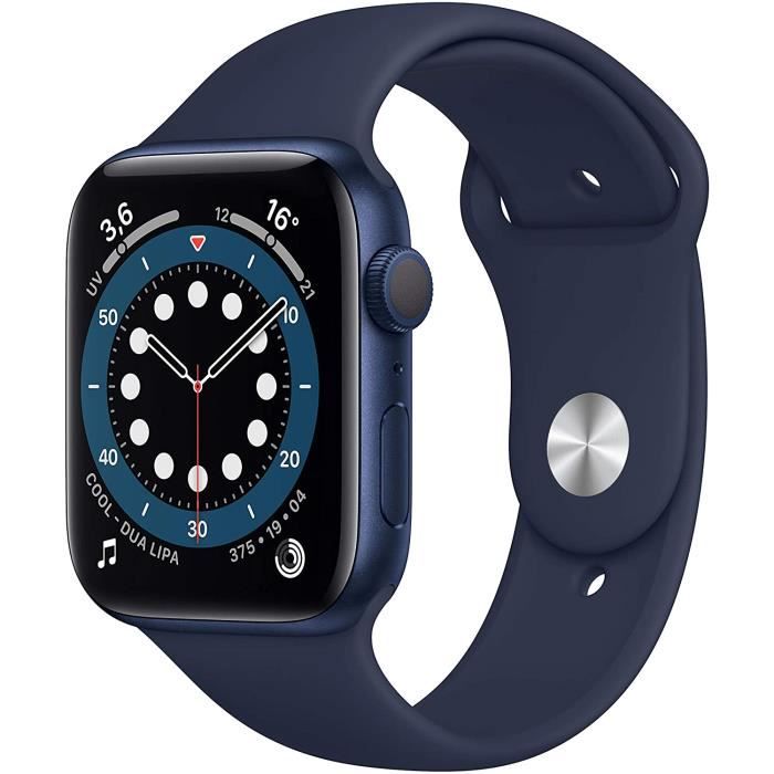 Apple Watch Series 6 (GPS, 44 mm) Boîtier en Aluminium Bleu, Bracelet Sport Marine Intense